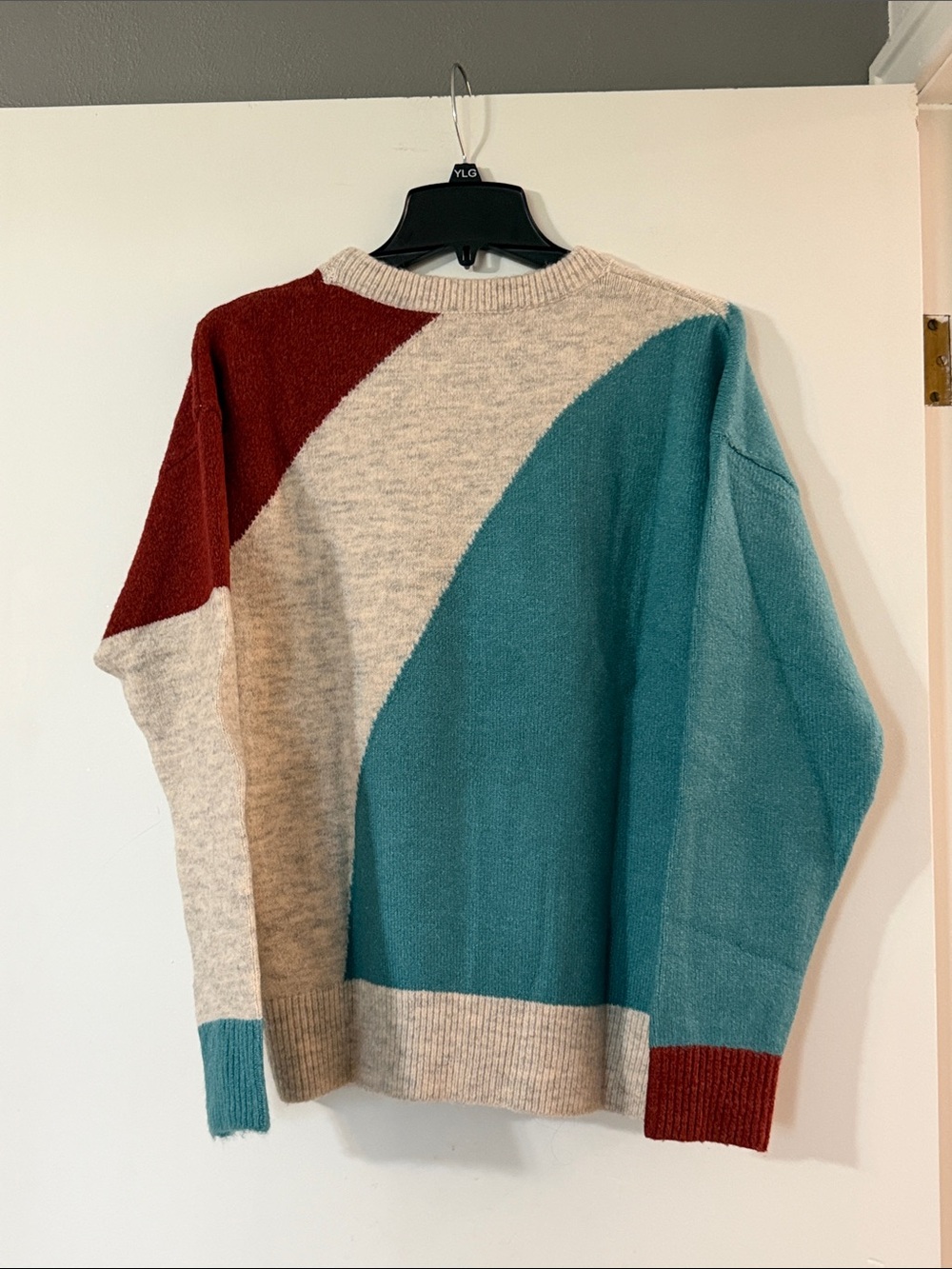 Women's Colorblock Crewneck Sweater in Teal, Cream & Rust - Picture 4 of 6